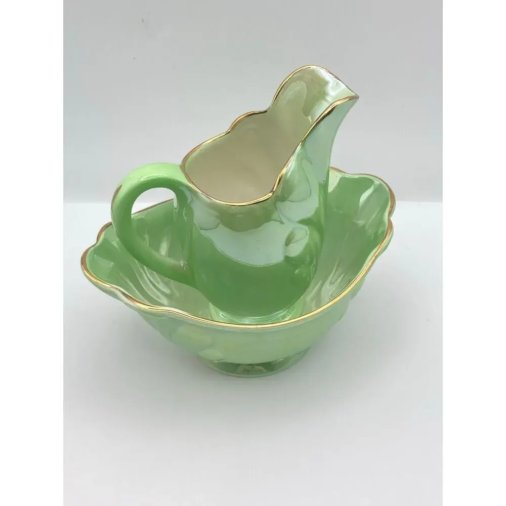 Vintage Maling Pottery Green Lusterware Gold Rim Cream Jug & Sugar Bowl Set